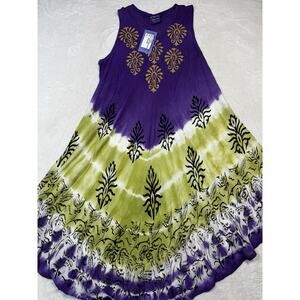 Blue Hue Tie Dye Tank Dress Metallic Gold Print Purple Olive Green Free Size